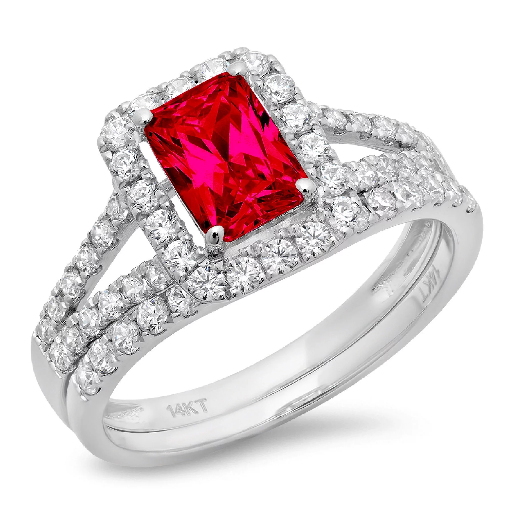 1.57ct Brilliant Emerald Cut Simulated Ruby 14k White Gold Halo Solitaire with Accents Bridal Set SZ 6