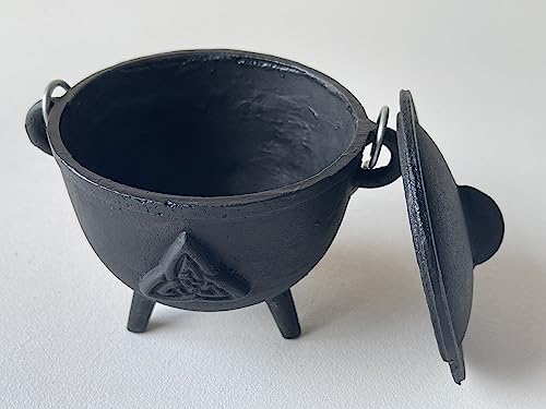 Triquetra Cast Iron Cauldron with Lid and Handle, Witches Cauldron, Great for Use with Charcoal Incense, Smudge Sage, 4.25