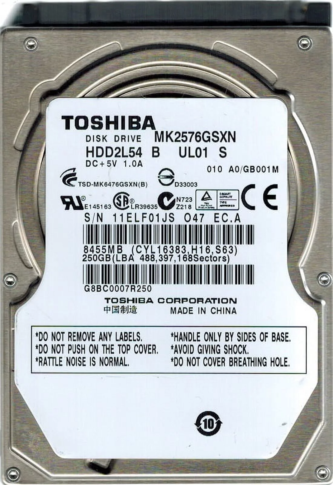 Toshiba MK2576GSXN 250GB HDD2L54 B UL01 S CHINA