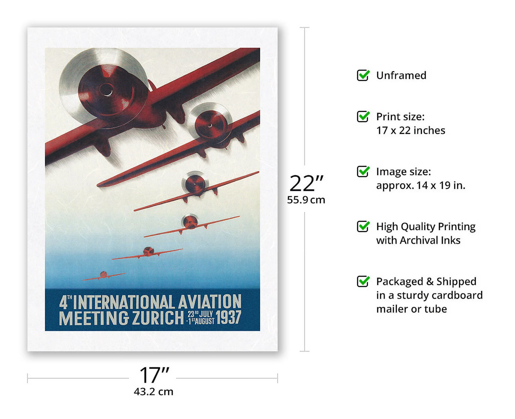 4th International Aviation Meeting - Zurich Switzerland - Vintage Aviation Poster by Otto Baumberger c.1937 - Japanese Unryu Rice Paper Art Print (Unframed) 17 x 22 in