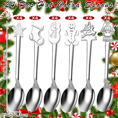 24 Pcs Christmas Hot Chocolate Spoons Stainless Steel Tea Coffee Christmas Stirring Spoon for Dessert Cake Candy Mixing Baking Marshmallow Cocoa Bar Supplies(6 Style)