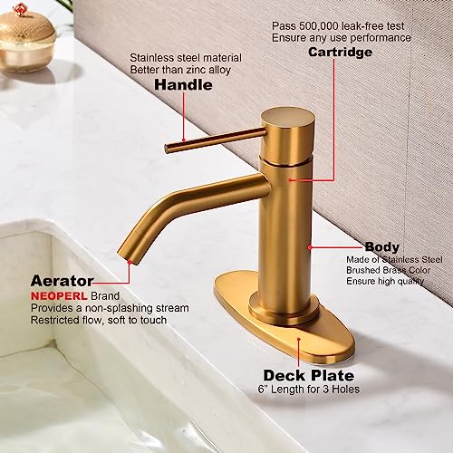 Brushed Gold Vessel Sink Faucet with Pop Up Drain and Supply Lines, Stainless Steel Gold Vanity Faucet Single Hole, JXMMP Single Handle Bathroom Faucet Gold, JXM1001BG