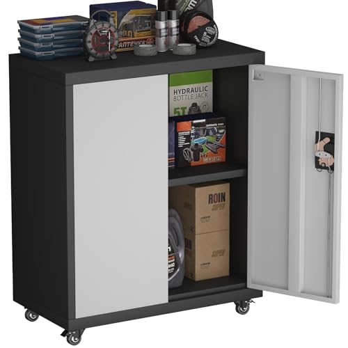 Metal Wall Cabinet,Lockable Storage Cabinets Wall Mounted with Handle,Garage Wall Cabinets with 2 Doors,Locking Cabinet with Shelves for Basement,Living Home,Black