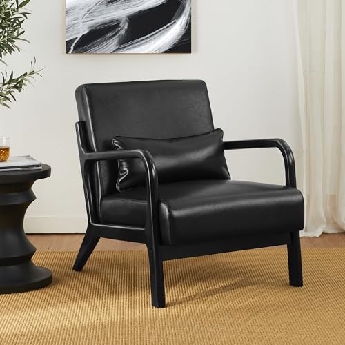 Glitzhome 2 Set Mid Century Black Accent Armchair, Single Reading Armchair PU Leather Lounge Chair with Walnut Ruberwood Frame