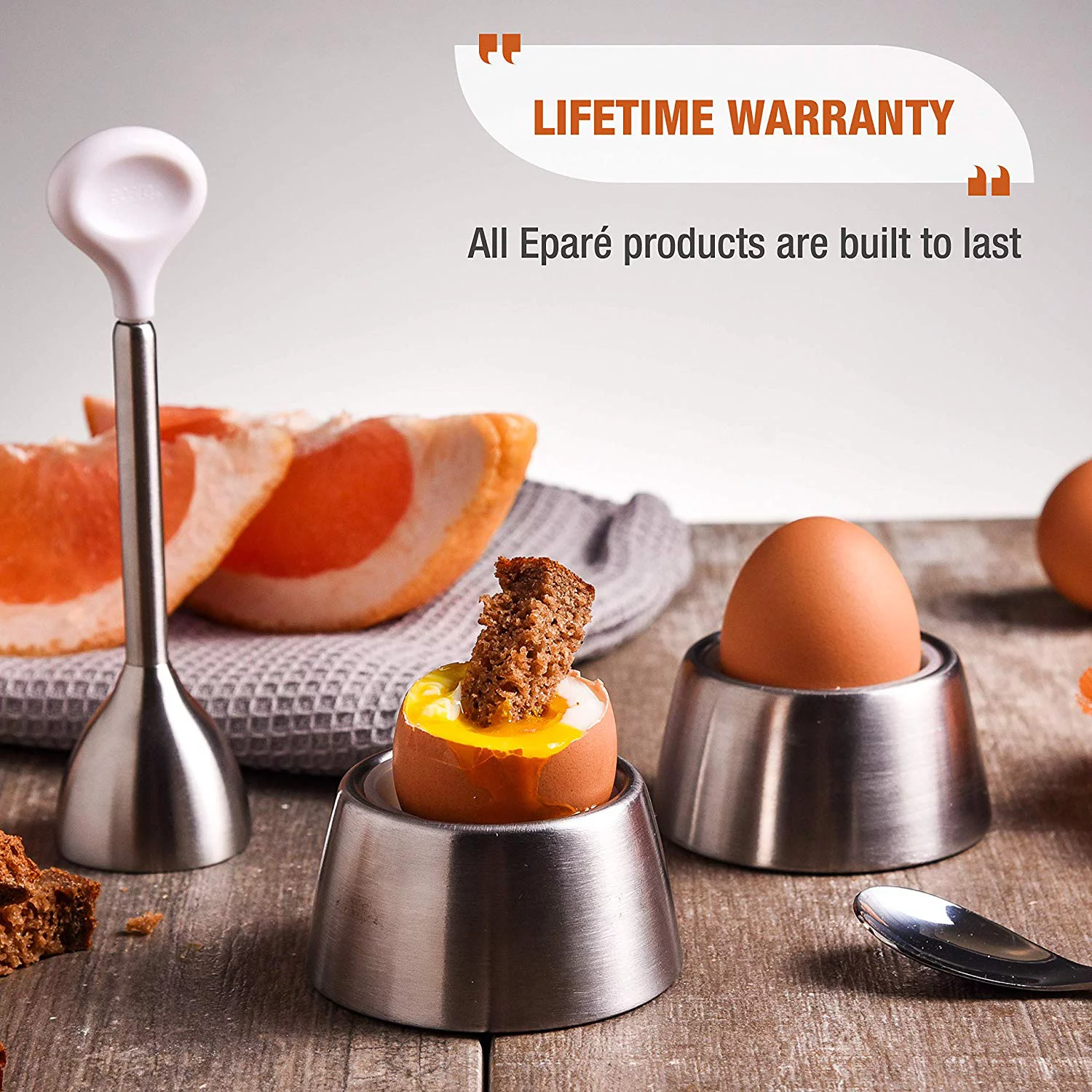 Epare Egg Cracker Topper Set 2.0 - Complete Soft Boiled Egg Tool Set - Includes Egg Cups, Cutter, Spoons - Eggs Opener