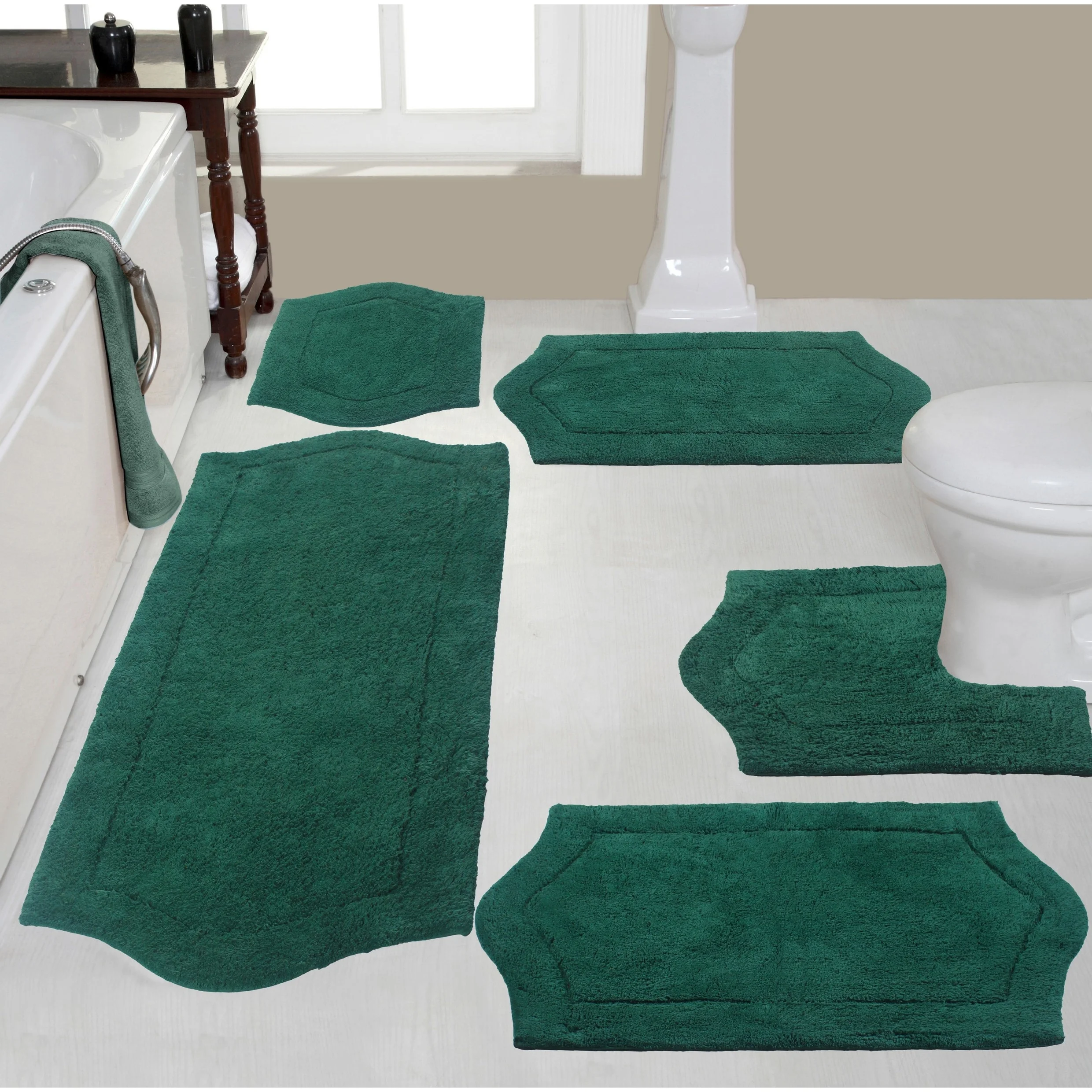 Home Weavers Waterford Collection 100% Cotton Tufted Bath Rug, Soft and Absorbent Bath Rugs, Non-Slip Bath Mats, Machine Washable bath rugs for Bathroom, 5 Piece Set with Contour, Bottle Green Rug