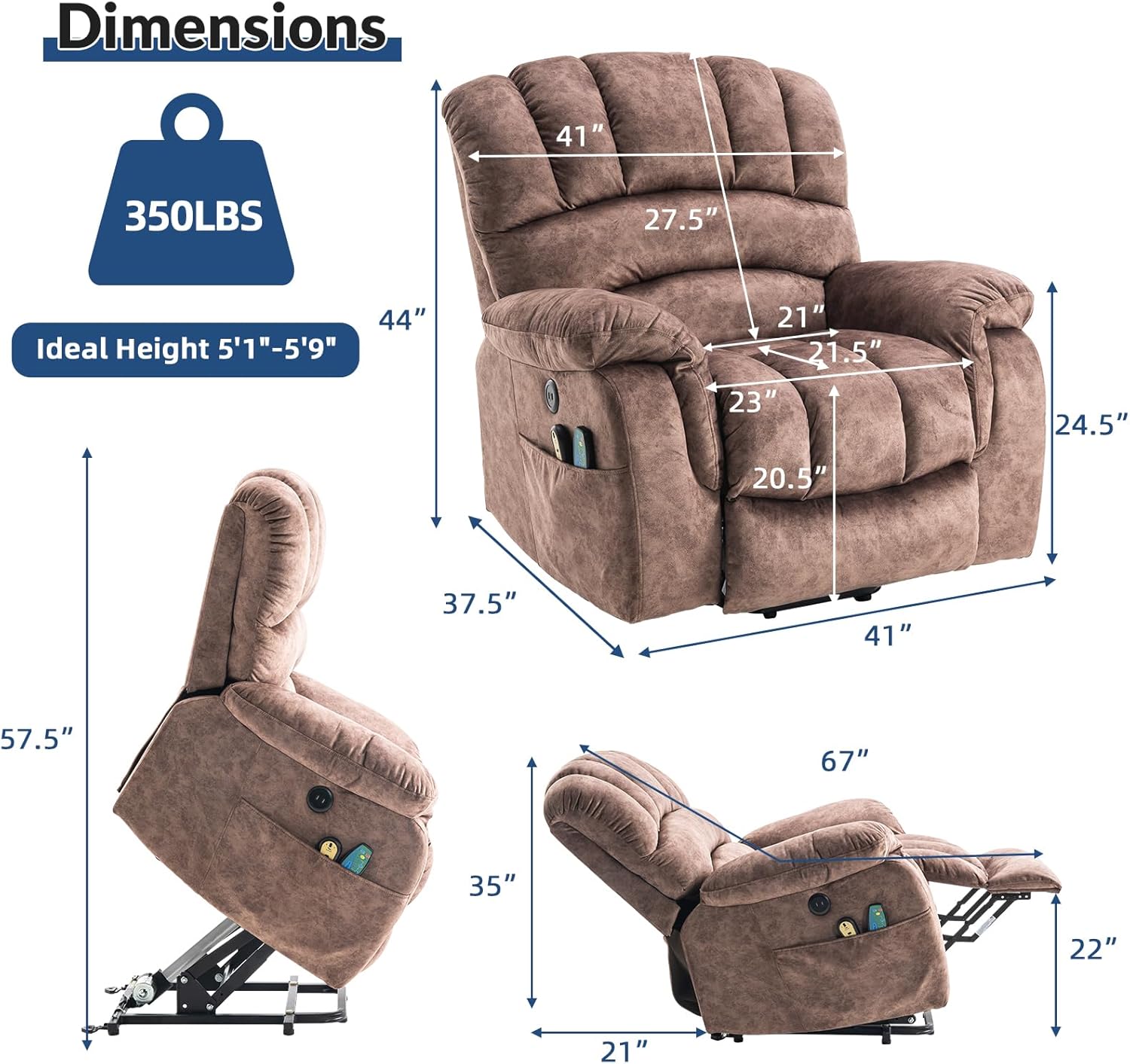 Large Electric Power Lift Recliner Chair for Elderly Big People, Heated Massage Motorized Reclining Sofa, Wide Soft Fabric Recliners with 2 Remote Controls, Side Pockets & USB Ports, Brown