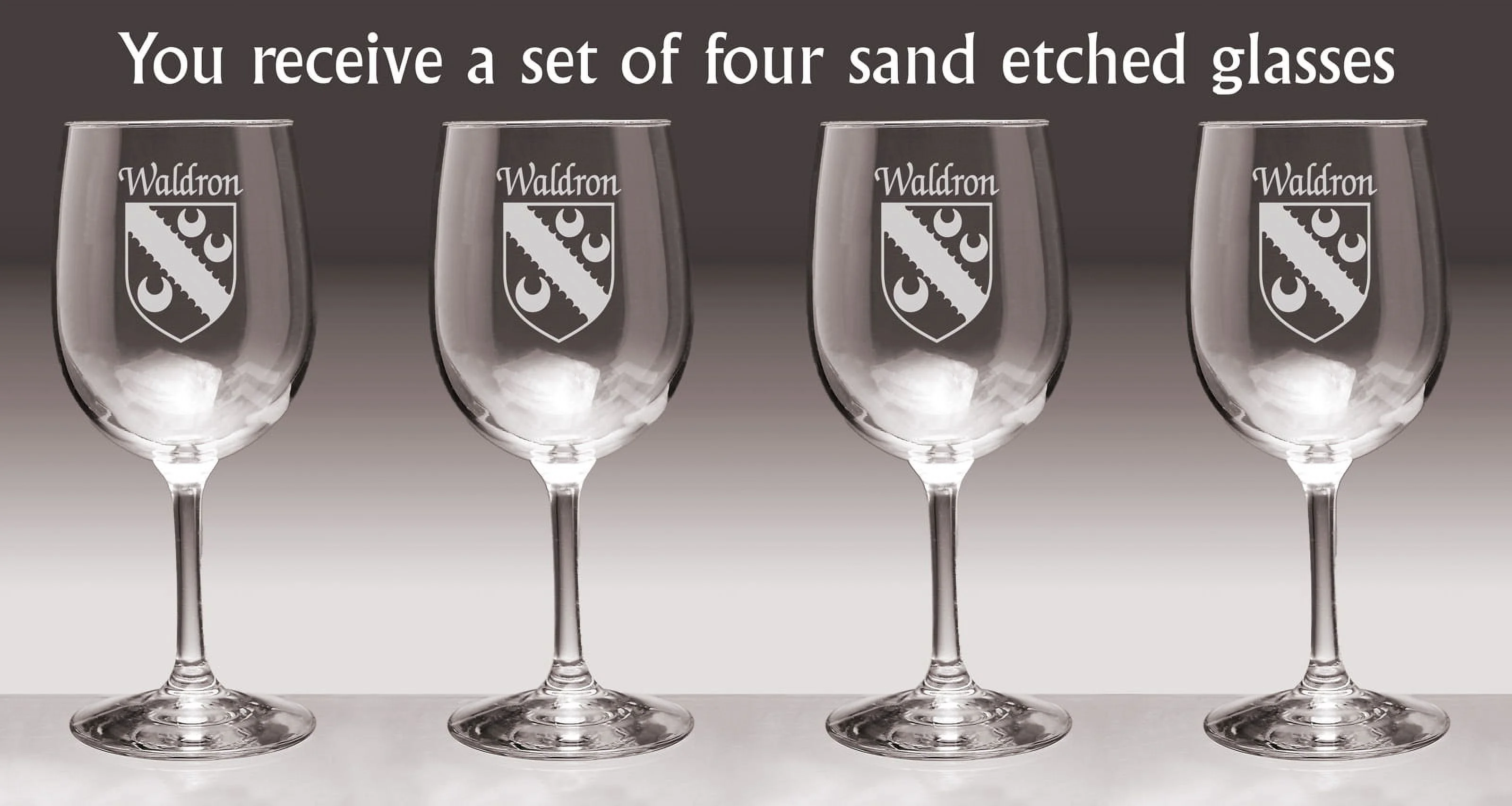 Waldron Irish Coat of Arms Wine Glasses - Set of 4 (Sand Etched)