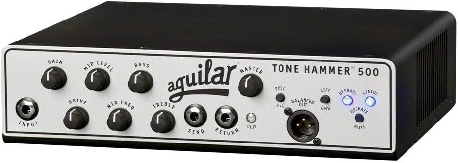 Aguilar Tone Hammer 500 Super Light 500 Watt Solid State Bass Amplifier Head with Drive Control, FX Loop and Balanced DI Output with Water Resistant Bag and Instrument Cable