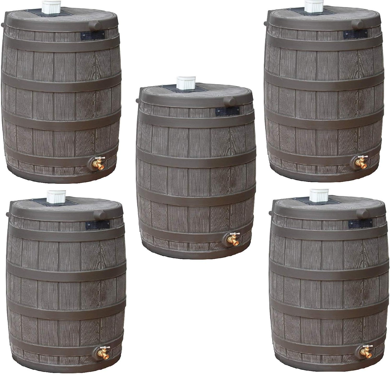Good Ideas Rain Wizard 50 Gallon Plastic Outdoor Home Rain Barrel Water Storage Collector with Brass Spigot and Flat Back Design, Oak (5 Pack)
