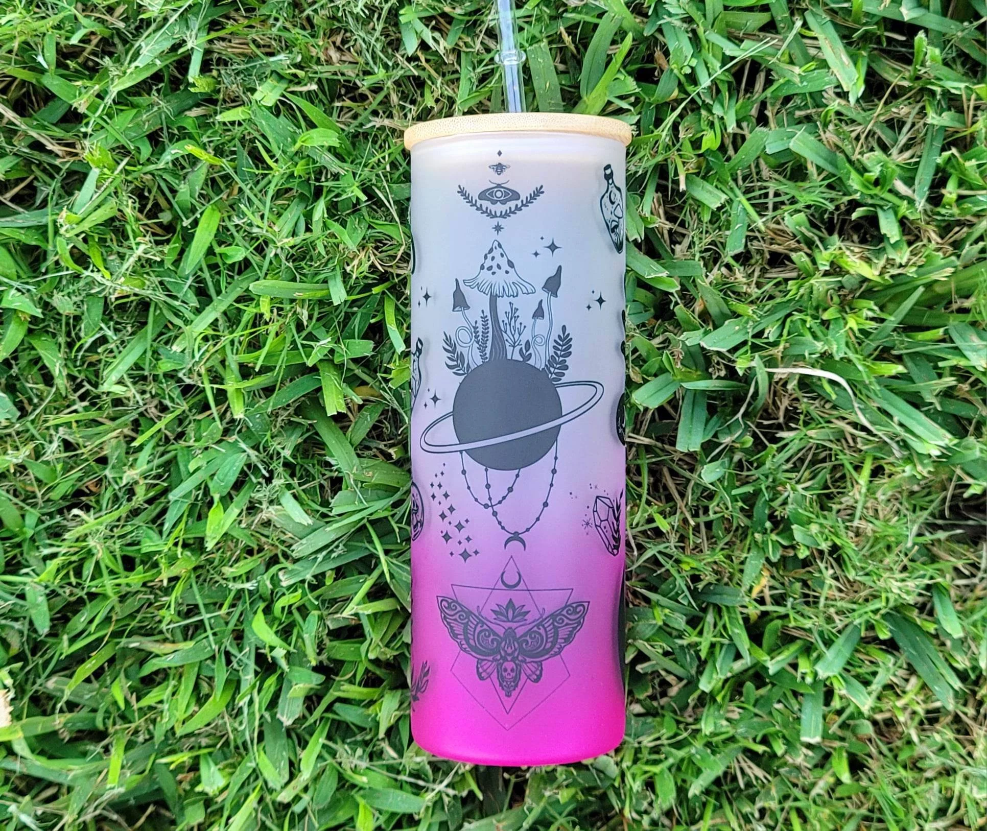 Mushroom Beer Can Glass | Boho Moth Coffee Glass | Aesthetic Coffee Glass | 24 oz