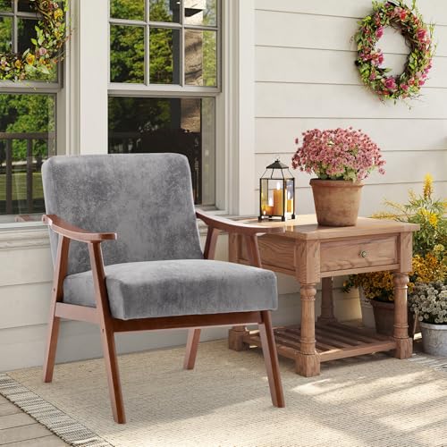 Rovibek Upholstered Accent Chair with Arms - Mid Century Modern Accent Chairs with Wood Frame, Upholstered Arm Chairs with 5.9in Thick Foam, Beige Occasional Chair, Set of 2