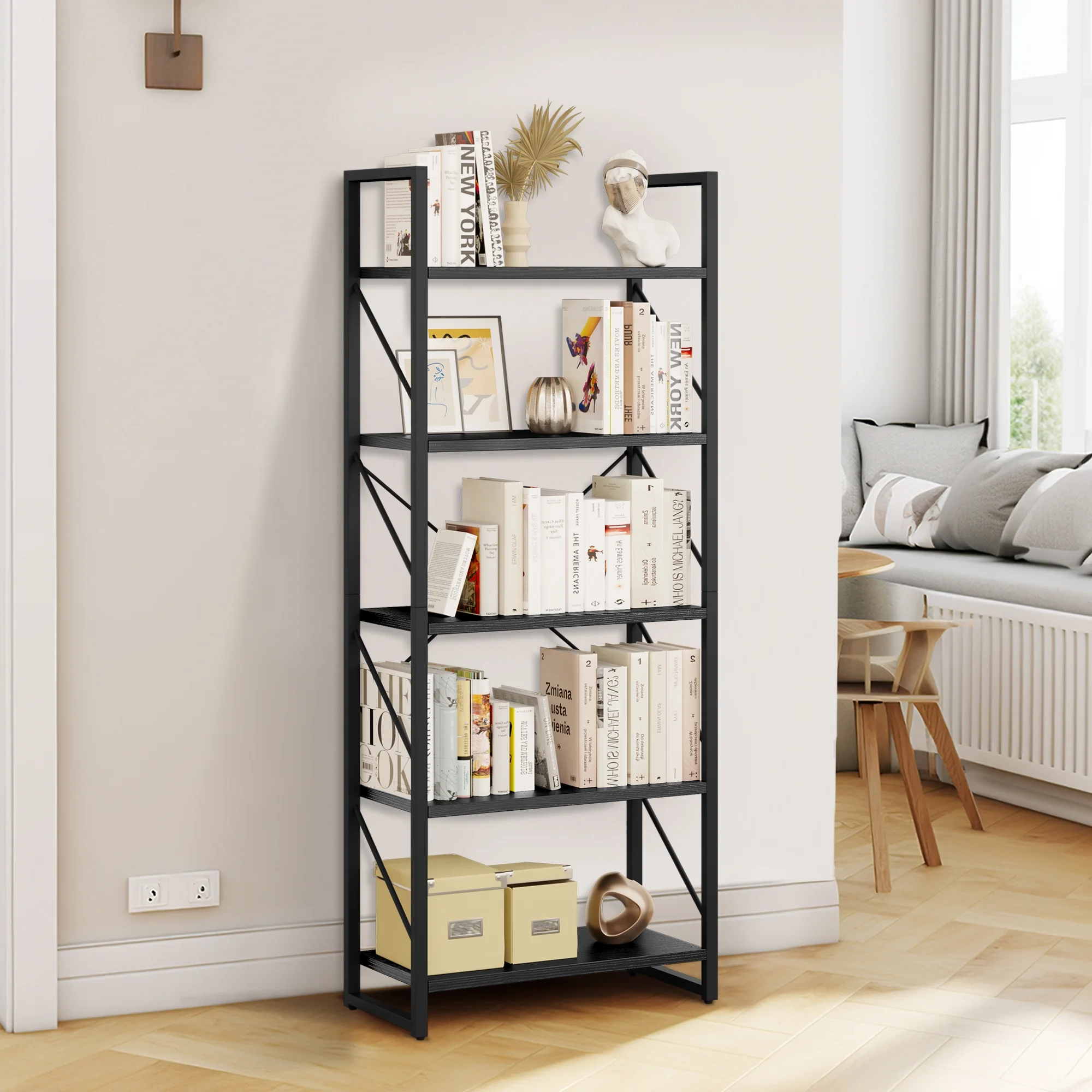 DWVO 5-Tier Bookcase Storage Shelves, Wood Storage Shelf, Industrial Furniture for Bedroom Living Room Office, Clearance Sale, Black