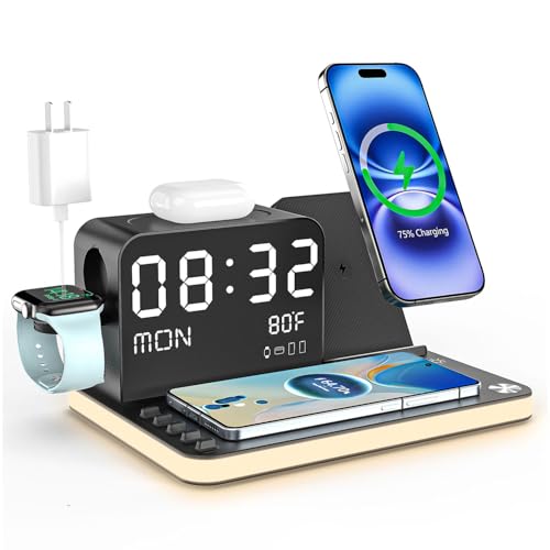 acer 7-in-1 Wireless Charging Station with Adjustable Brightness Night Light, Compatible with iPhone 16/15/14/13/12 All Series, Android Phones, AirPods, and iWatch, Fast Charger with Time Display