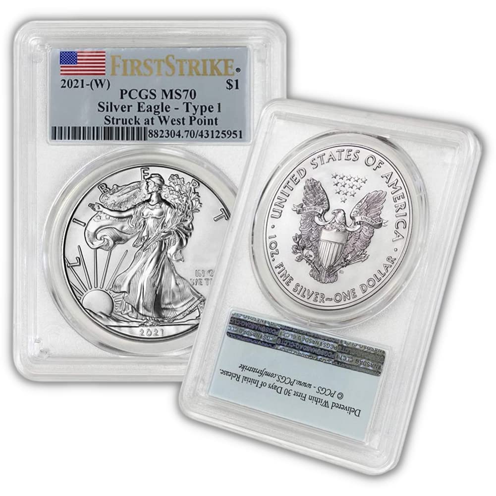 2021 (W) 1 oz Silver American Eagle Coin MS-70 (Type 1 - First Strike - Struck at West Point Mint - Flag Label) $1 MS70 PCGS