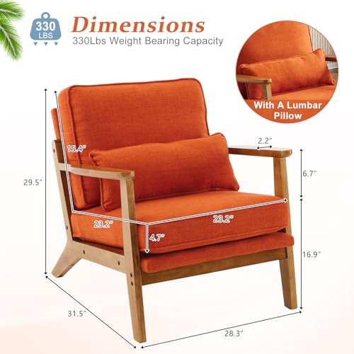 VINGLI Solid Wood Wide Armrests Accent Chair,Upholstered Mid Century Modern Chair with Pillow,Comfy Reading Chair Farmhouse Arm Chair,Chairs Living Room,Bedroom,Guest Room,Linen Fabric,Beige