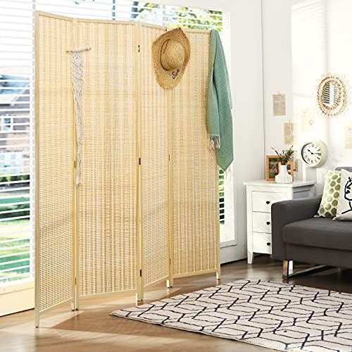 Giantex Bamboo Room Divider, 6 Ft Tall Freestanding Folding Privacy Screen, Wooden Room Separators Divider Wall, Portable Partition Boho 4 Panel Room Dividers for Home Office Bedroom Apartment Studio