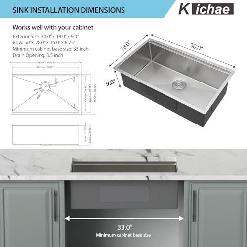 Kichae 12“ Deep Laundry Sink Undermount - 24 Inch Black Undermount Utility Sink Stainless Steel Single Bowl Under Counter Handmade Laundry Utility Room Basin