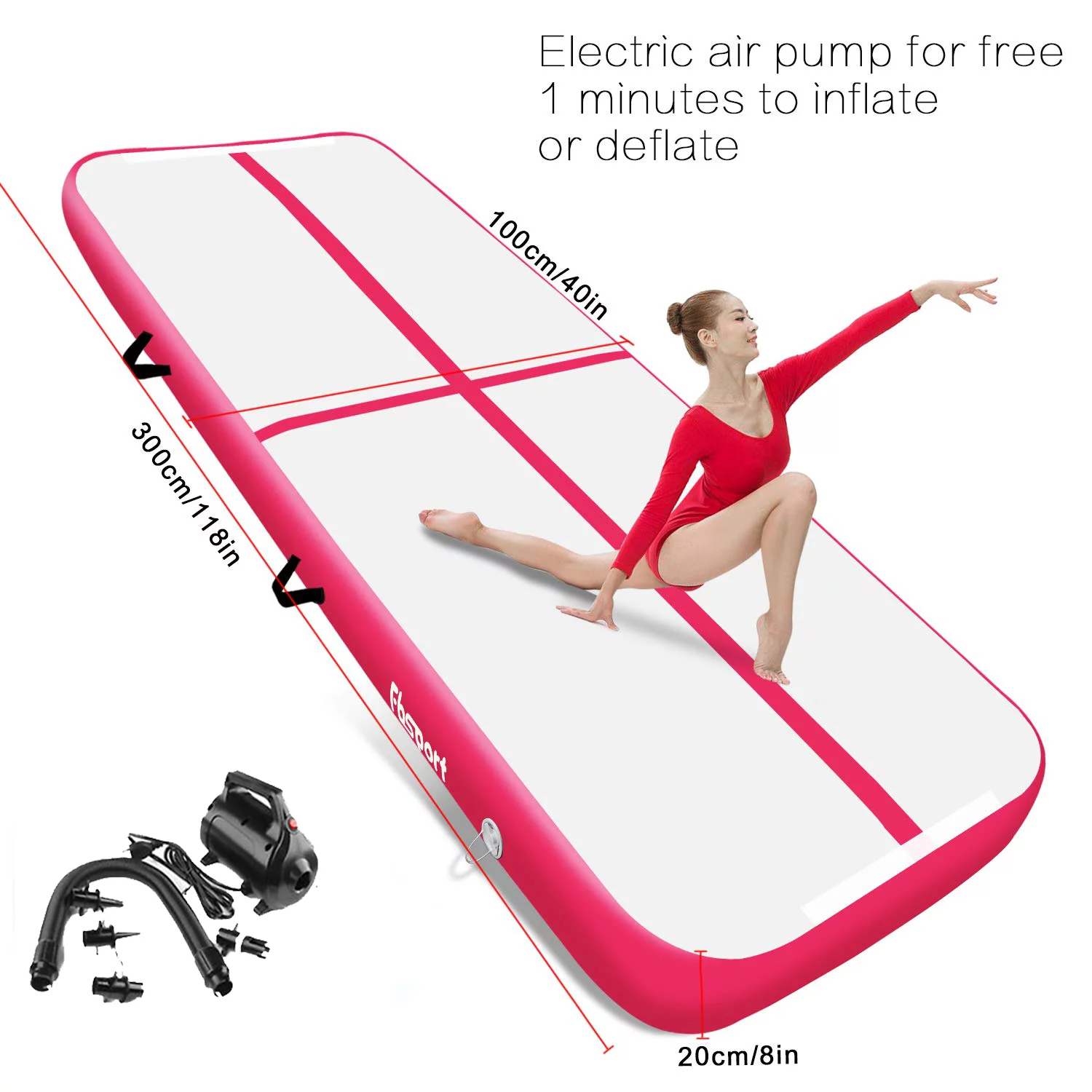 Fbsport Pink 3m*1m*0.2m Inflatable Air Track Tumbling Gymnastic Mat Floor Home Training w/pump 20cm Thick