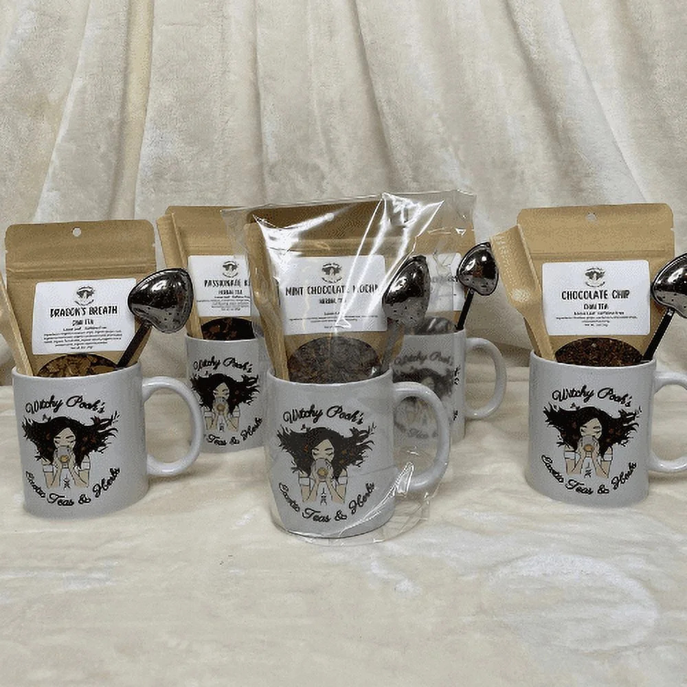 Mint Chocolate Mocha Herbal Tea Gift Mug Set With Heart Infuser with Handle & Wooden Spoon, Witchy Pooh's