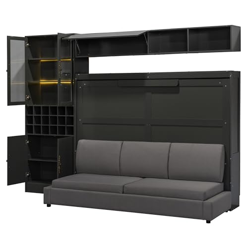 P PURLOVE Queen Murphy Bed with Sofa and Shelves, Wooden Wall Bed with USB and Light, No Box Spring Needed (White)