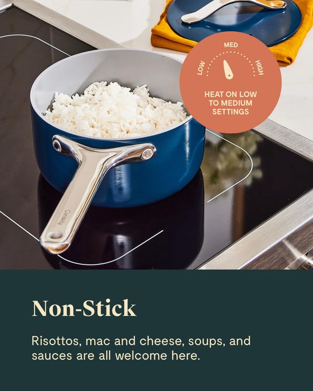 Caraway Nonstick Ceramic Sauce Pan with Lid (3 qt) - Non Toxic, PTFE & PFOA Free - Oven Safe & Compatible with All Stovetops (Gas, Electric & Induction) - Perracotta
