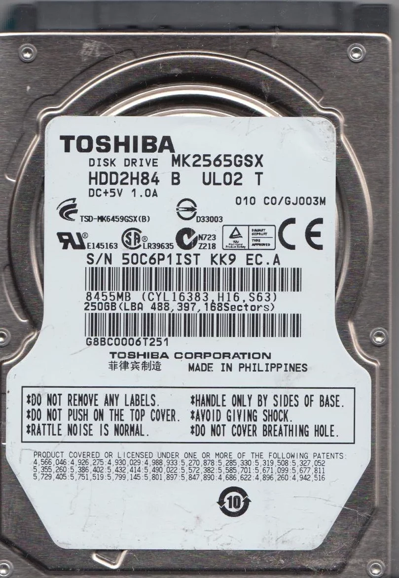 MK2565GSX, C0/GJ003M, HDD2H84 B UL02 T, Toshiba 250GB SATA 2.5 Hard Drive