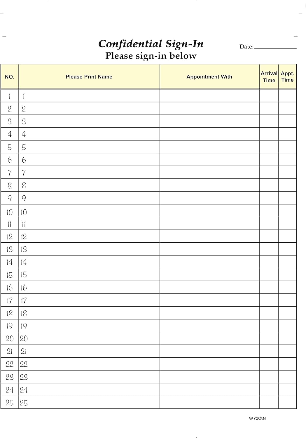 Confidential Sign-in Sheets, 8-1/2 X 11 (WHITE) Carbonless Form (Lot of 250 Sheets)