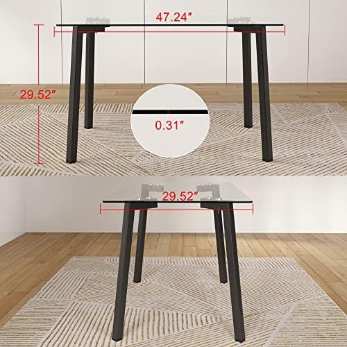 RUNFAYBIU 47 inch Small Dining Room Table 0.31 Thick Tempered Glass Table Top Clear Office Table Desk Transparent Glass Dining Table Rectangle Kitchen Dinner Table with Wood Coat Metal Le