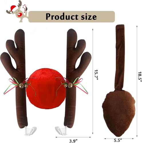 Car Reindeer Antlers with Red Nose & Tail - Christmas Reindeer for Car Ornaments, Festive Rudolph Antlers Kit Xmas Decoration for SUV Van Truck