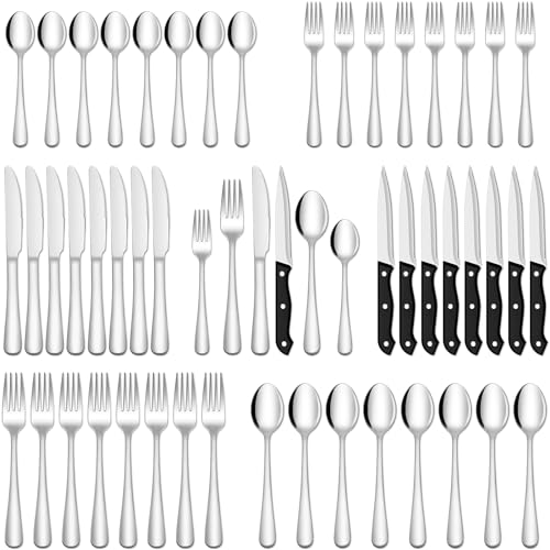 EUIRIO 48-Piece Hammered Silverware Set with Steak Knives for 8, Heavy Duty Stainless Steel Flatware Cutlery Set For Home Kitchen Restaurant, Kitchen Utensils Set, Mirror Polished, Dishwasher Safe