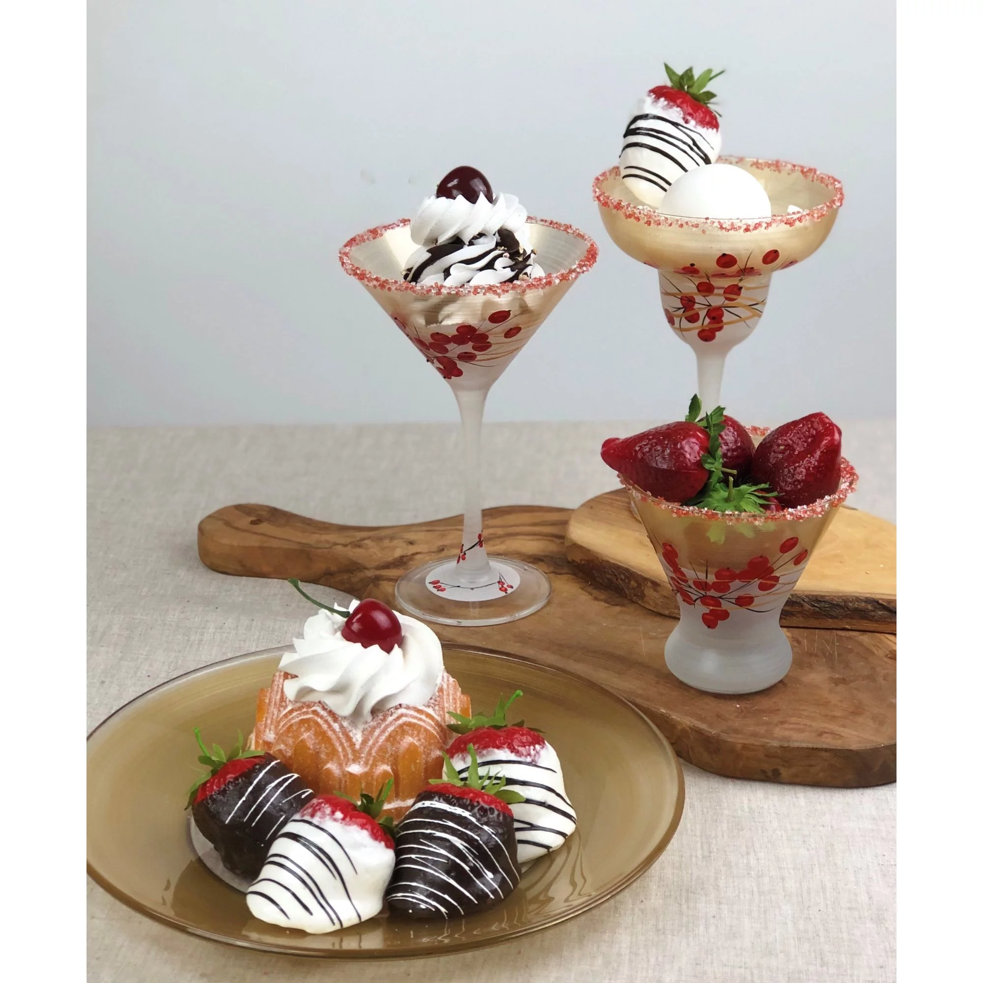 Crafted Creations Set of 2 Gold Berries and Branches Hand Painted Cosmopolitan Wine Glasses 8.25 oz.