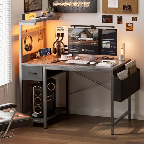 Gaming Desk 40 Inch with Power Outlet and LED Light, Computer Desk with Reversible Shelves and Storage Drawer, Pc Workstation for Home Office with Bag, Carbon Fiber Grey