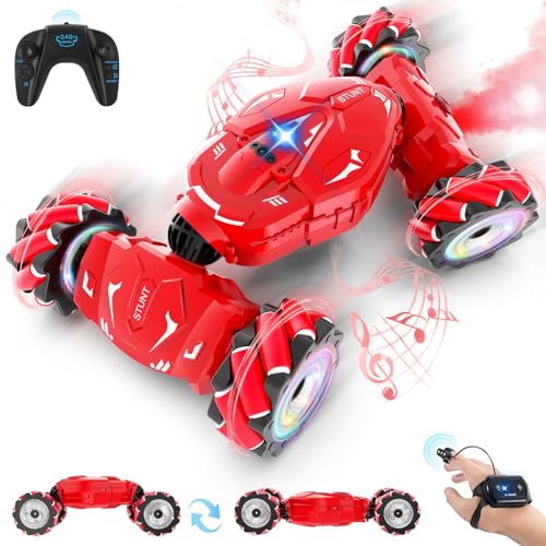 Pristar RC Stunt Cars, Gesture Sensing Remote Car Toys for 6-12 Boys Girls, 2.4Ghz Hand Remote Control Car with Spray Lights Music 360° Rotation 4WD Off-Road, Birthday Xmas Gifts for Kids Age 6-12