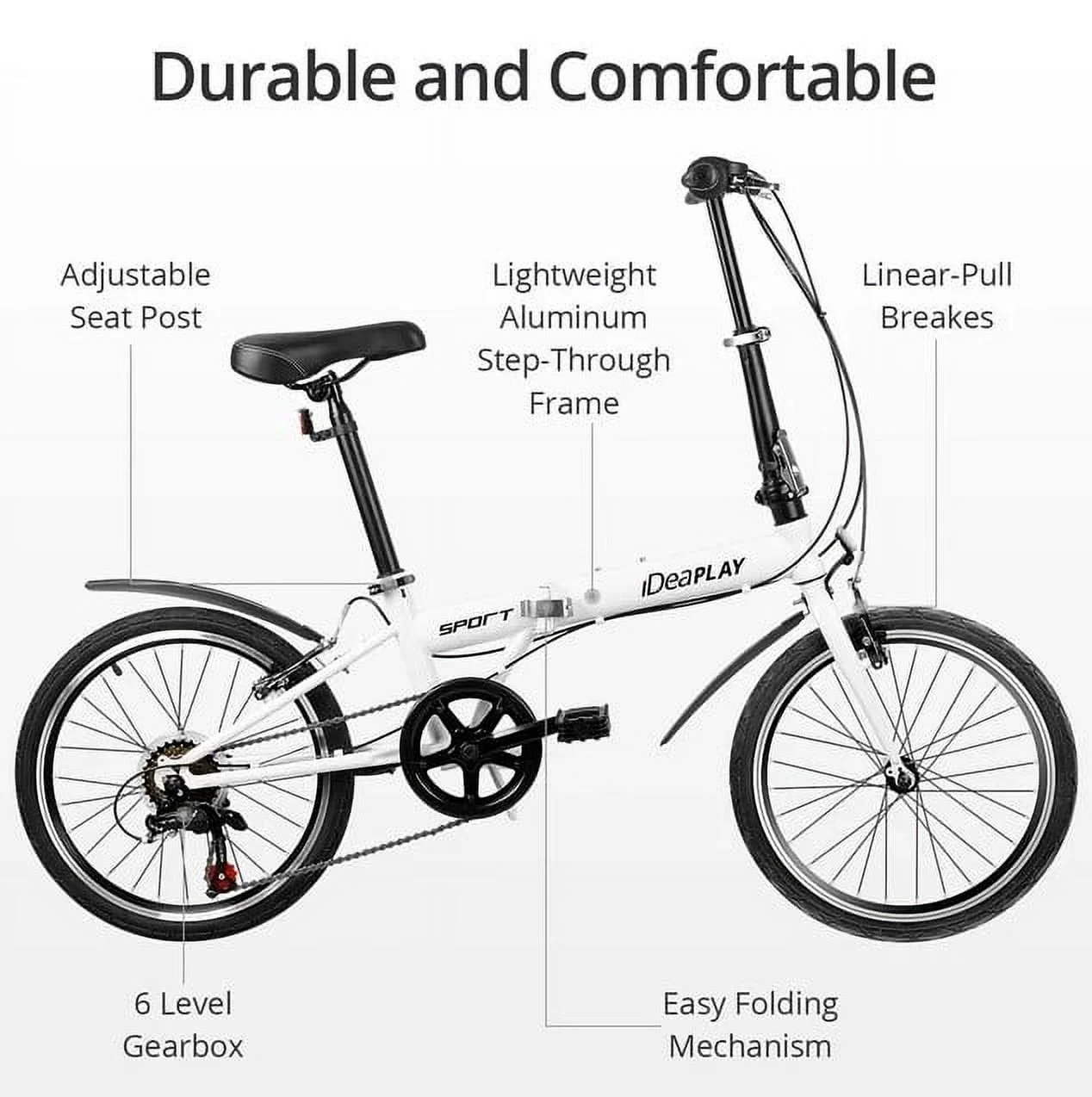 Open Box iDeaPlay P12 6-Speed 20 Inch Wheels Mountain Folding Bicycle - White
