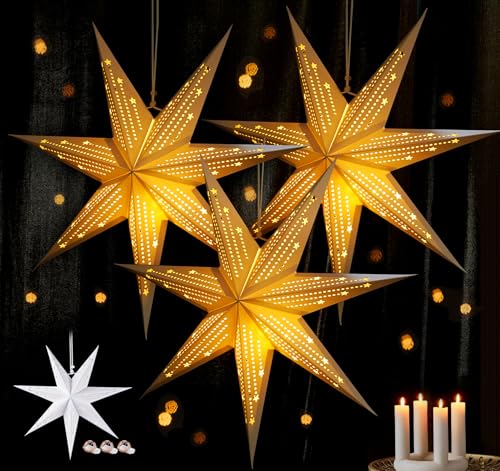 3Pack Paper Star Lantern with Fairy String Lights (90LED/4.5M/3PCS), Light up Lanterns Hanging Decoration for Indoor Wedding Birthday Holiday Party Home Window Decor