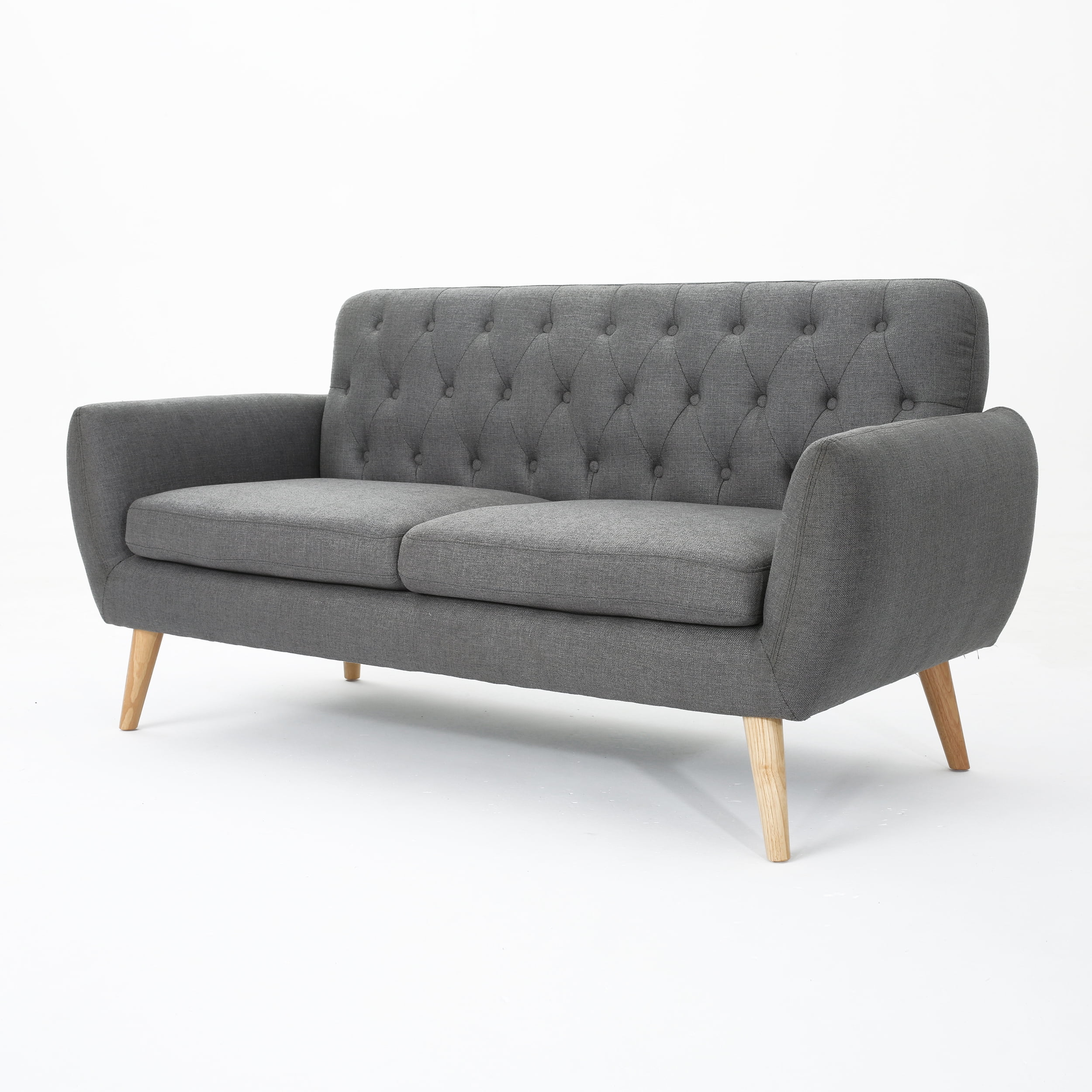 Noble House Amaro Mid Century Modern Tufted Fabric Sofa, Dark Grey