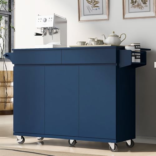 55.7'' Large Kitchen Island with 2 Drop Leaf, Rolling Kitchen Cart on 5 Wheels with Power Outlet, Folding Storage Dining Table with Spice & Towel Rack, 3 Drawers, for Kitchen, Dining Room