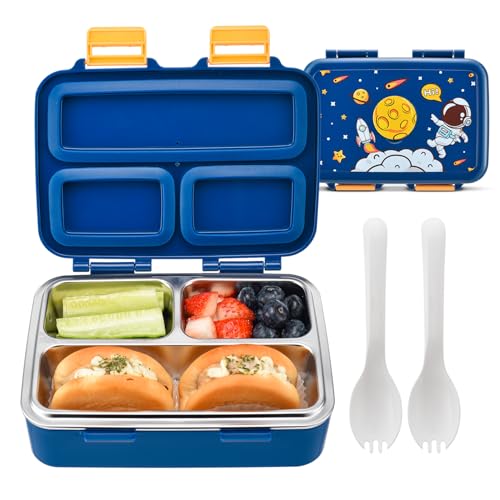 Bento Box for Kids – 3-Compartment Kids Bento Lunch Box with Leak-Proof Lid, Spoon & Stainless Steel Tray – 20 x 15 x 6.8 cm BPA-Free, Dishwasher Safe - Fun Space Design for School & Travel (Blue)