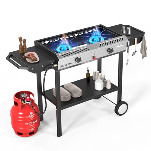 ROVSUN 2 Burner Outdoor Propane Gas Stove with Auto-ignition, Regulator & Shelf, 150,000 BTU Powerful Stand Cooker for Backyard Patio Cooking Home Brewing Canning Turkey Frying