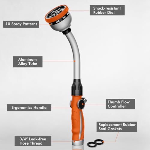 RESTMO Watering Wand Heavy Duty, Metal Garden Hose Wand with 10 Spray Patterns, 15-Inch Long Hose Nozzle Sprayer with Thumb Flow Control, Ideal to Water Hanging Baskets and Shrubs