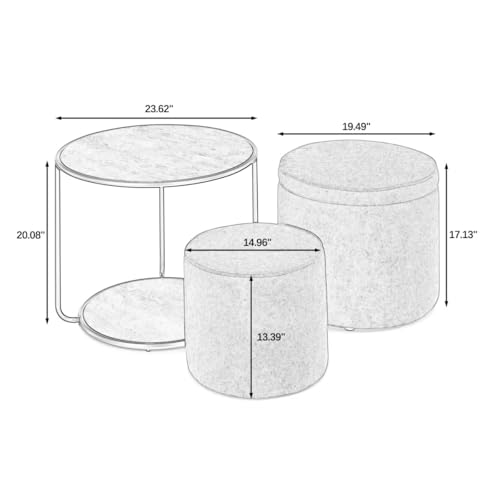 Round Storage Ottoman and Coffee Table Set - 2 Pcs Linen Upholstered Nesting Tables with Storage for Living Room and Bedroom, Versatile Ottoman and Vanity Stool Combo