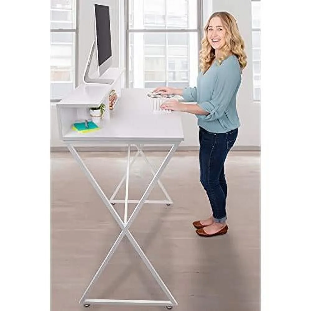 Joy Standing Desk | Pretty Standing Desk With Shelf & Built-In Storage Cubbies | Modern Stand Up Workstation | Tall Desk & Reception Table For Home, Dorm & Office (White / 48In X 42In)