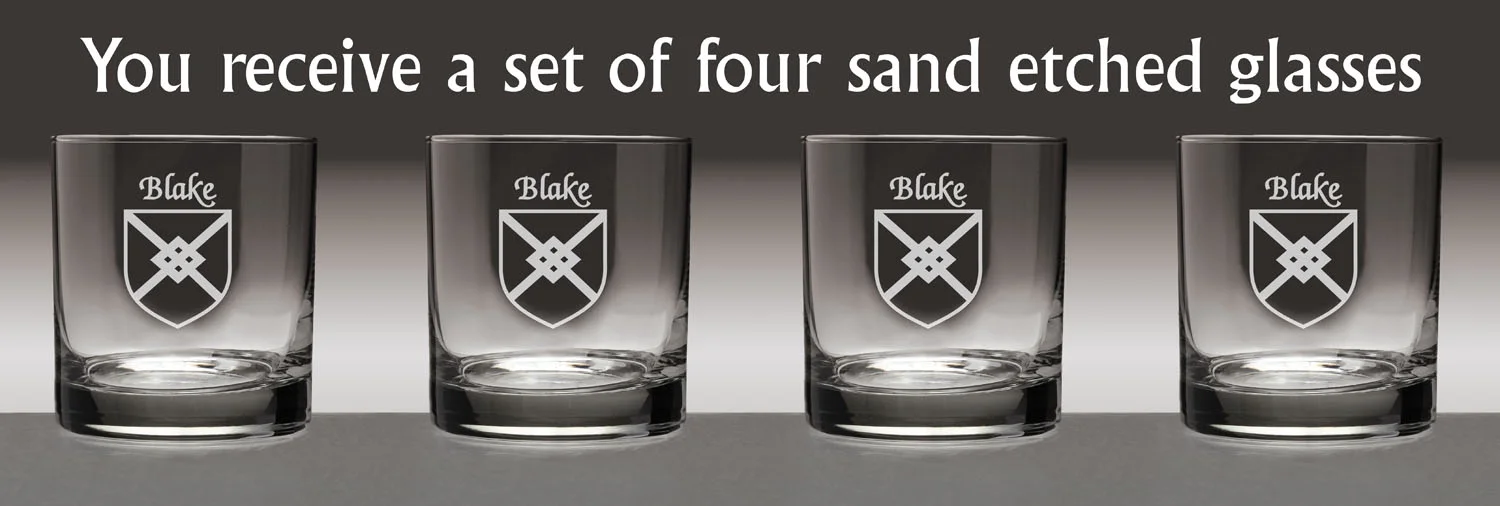 Blake Irish Coat of Arms Tumbler Glasses - Set of 4 (Sand Etched)