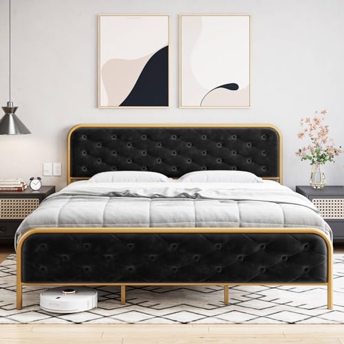 GAOMON Queen Size Bed Frame with Elegant Button Tufted Curved Headboard, Velvet Upholstered Platform Bed Frame, Golden Heavy Duty Mattress Foundation, Noise Free, No Box Spring Needed, Gold-Black