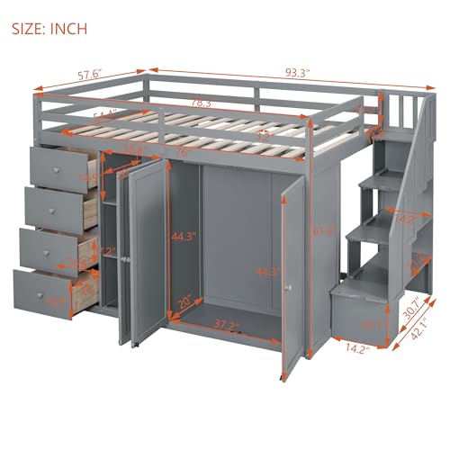 Full Size Loft Bed with Desk & Wardrobe, Solid Wood Kids Loft Bedframe w/3 Storage Drawers & 2 Shelves, Maximum Space Design, for Bedroom, Dorm, Gray
