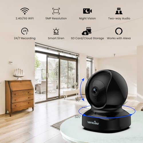 Wansview Security Camera Indoor, 360 Degree WiFi Home Security Cameras for Pet/Dog/Nanny, 2 Way Audio Night Vision, Works with Alexa, with TF Card Slot and Cloud, 2.4Ghz, Q5 (Black, 3MP)
