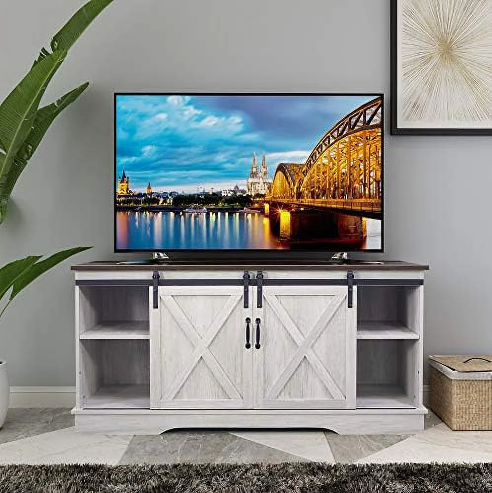 YZboomLife TV Stand   Cabinet with Sliding Barn Doors and Adjustable Shelves  Modern 28\u201DH  Rustic Wood