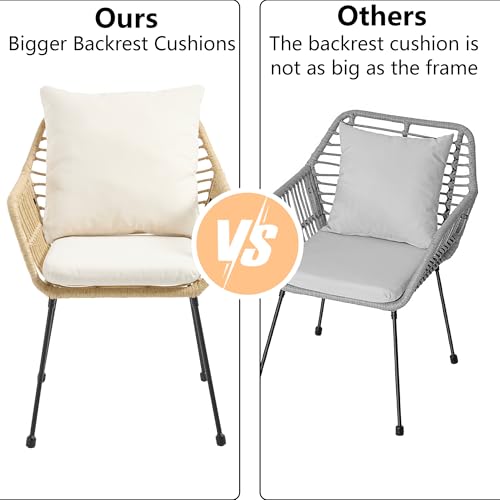 3 Pieces Patio Bistro Set, Upholstered Rattan Outdoor Chairs with Coffee Table, Metal Frame Bistro Table and Chairs Set of 2, Modern Patio Conversation Set for Porch/Yard/Pool, Blue