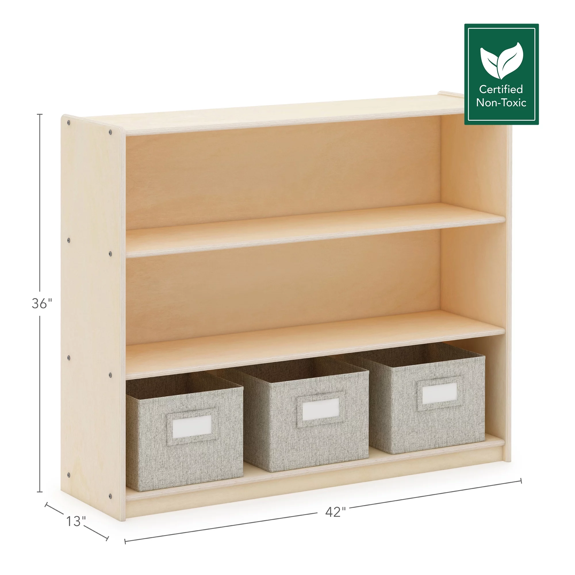 Guidecraft EdQ Essentials Three Shelf Open Storage Natural with 3 Fabric Bins: Wooden Kids Bookcases and Toy Storage Organizer; Homeschool and Classroom Furniture